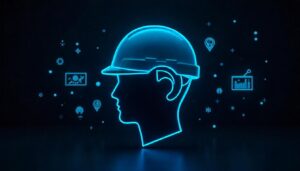 employee helmet in neon blue on a black background around are abstract elements depicting working life